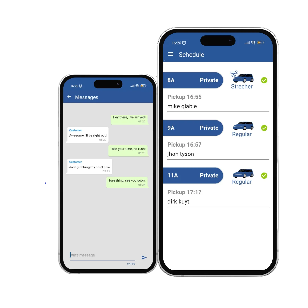 Driver app on two phones showing the message thread with a customer and the day's pickup schedule