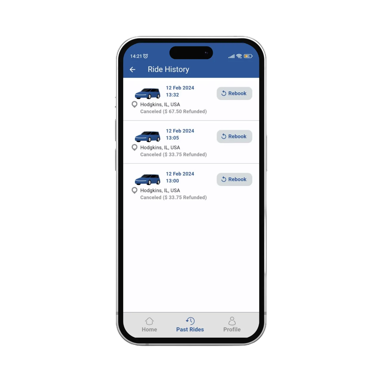 Ride history screen listing past rides, each with a Rebook button