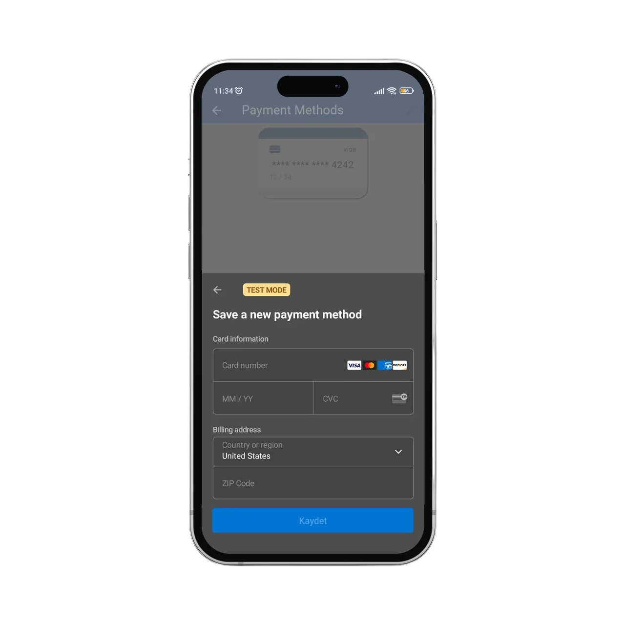 Payment methods screen with a saved card and the form for adding a new one